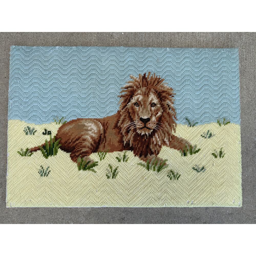 Vtg Finished needlepoint Lion - Jungle Safari Africa Wood Mounted 19 x 13